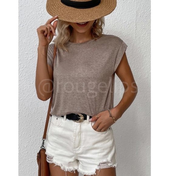 Mocha Brown Crew Neck Muscle Tee Top Shirt Cap Sleeve, Round Neck - Picture 2 of 11